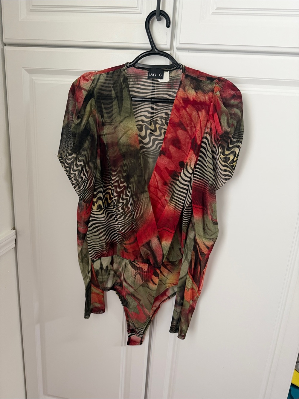 Day G Red & Olive Abstract Print Wrap Bodysuit